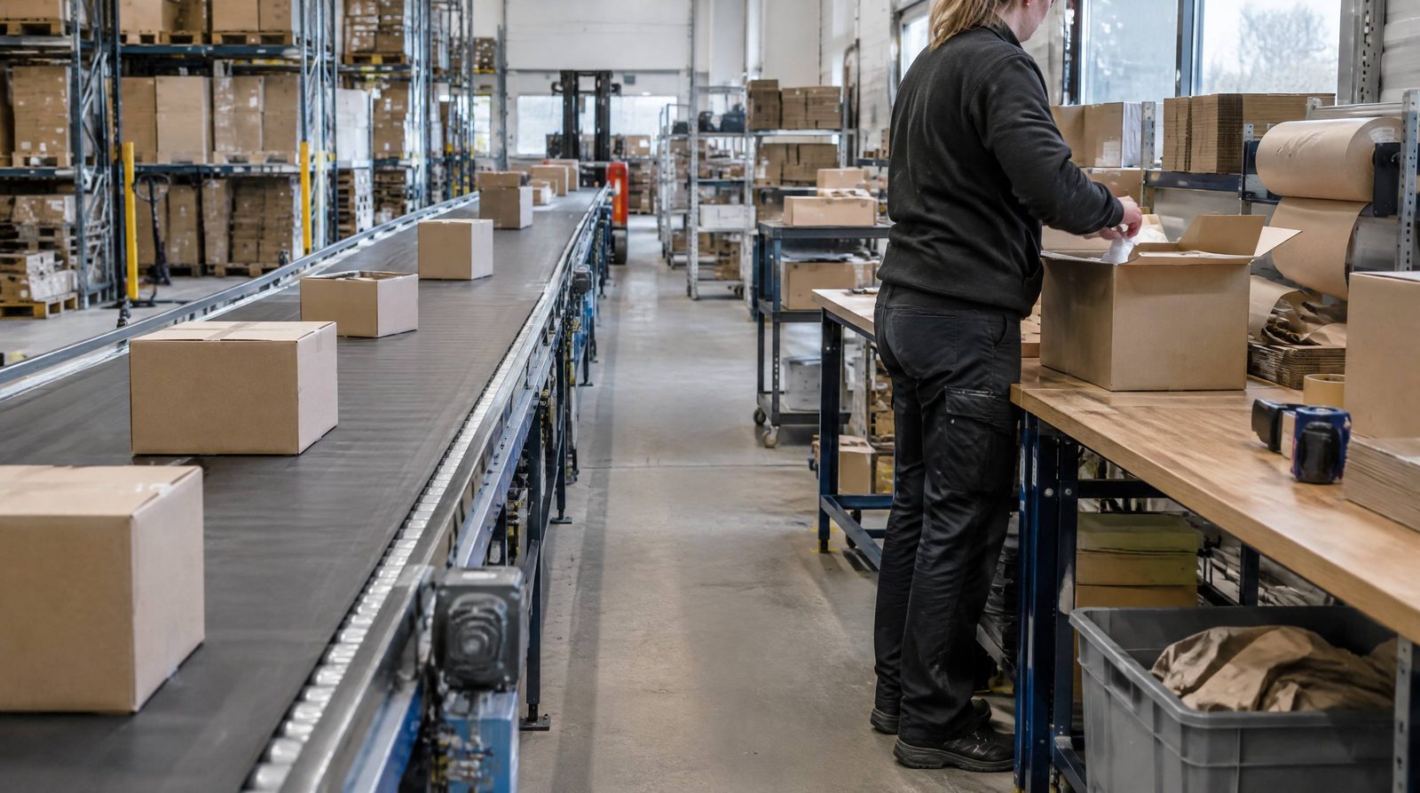 Transportbånd og manuel pakning i samme hal