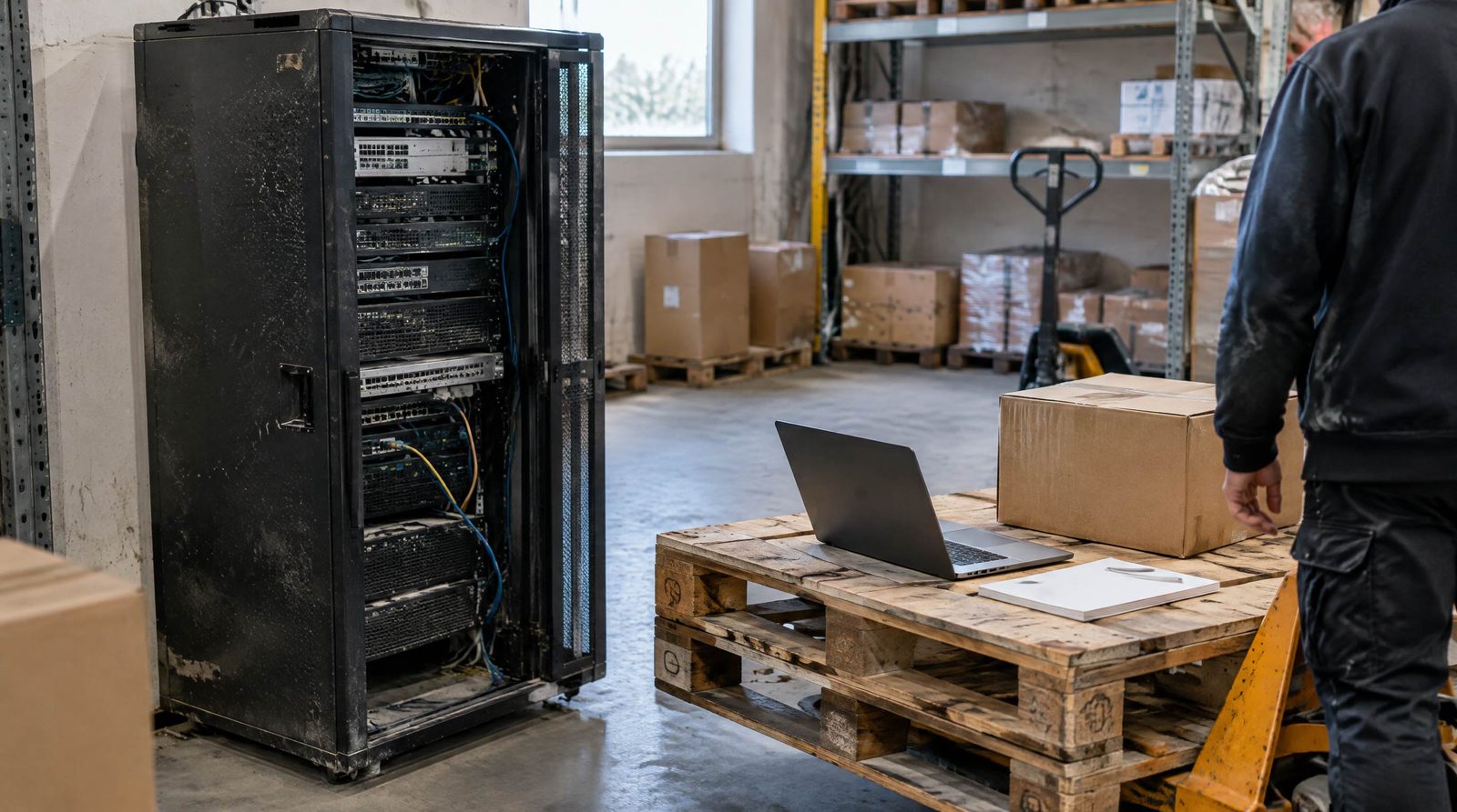 Gammelt serverskab ved siden af en bærbar