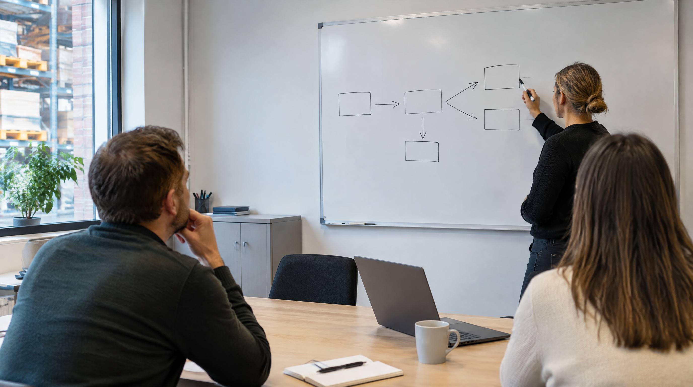 Whiteboard med en kasse-og-pil-skitse