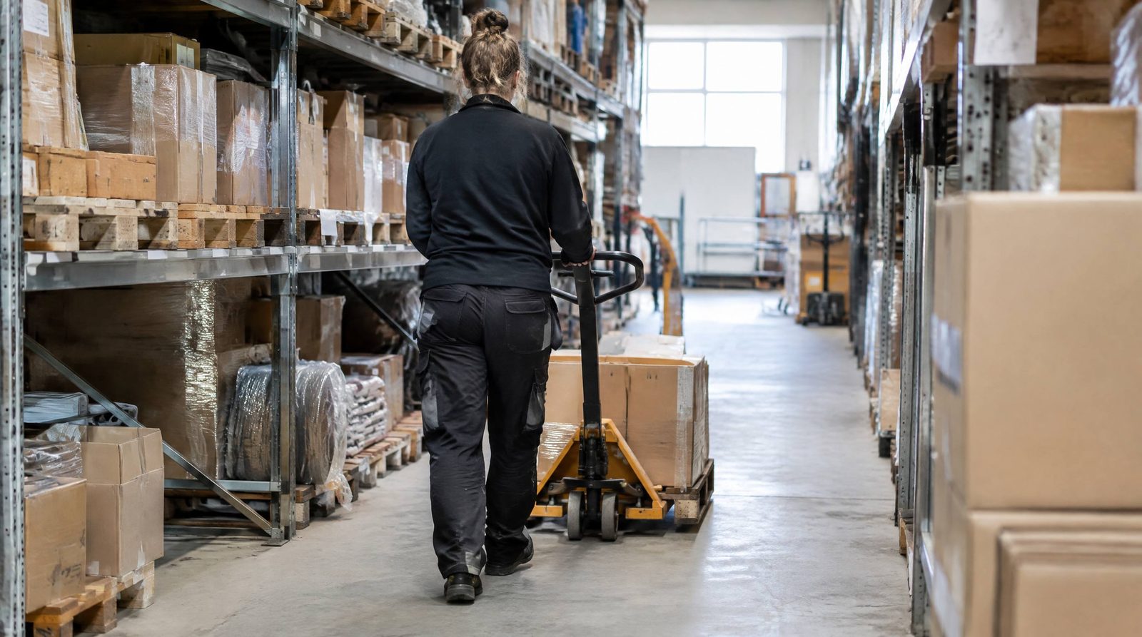 Lagermedarbejder i arbejdstøj i reolgangen