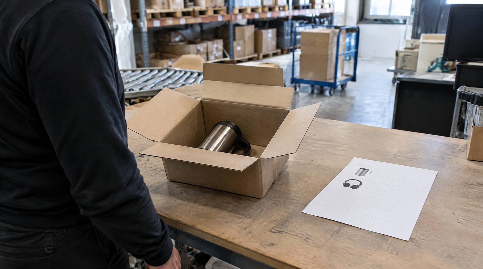 Åbnet pakke med forkert vare ved siden af pluksedlen
