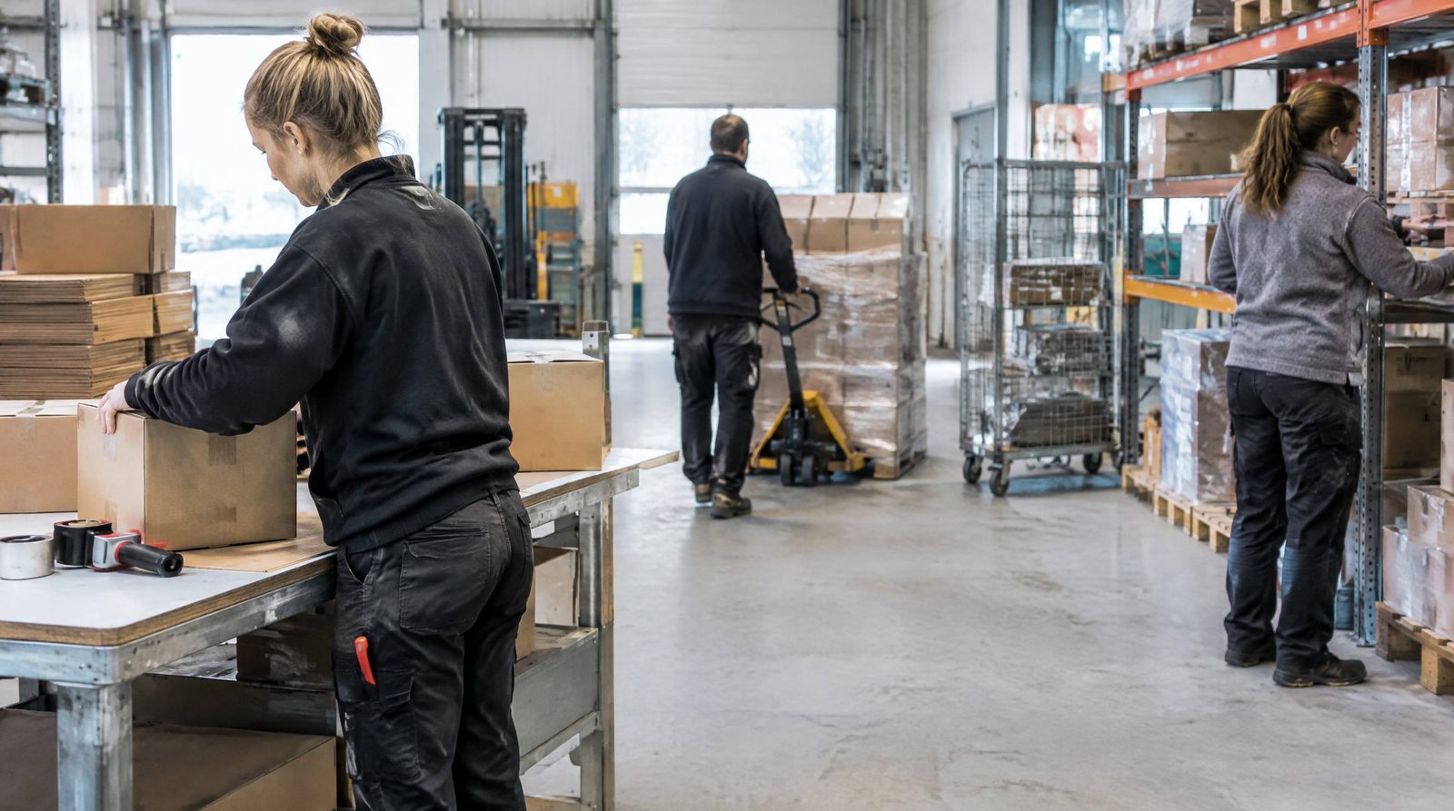 Tre lagermedarbejdere i arbejde i samme område