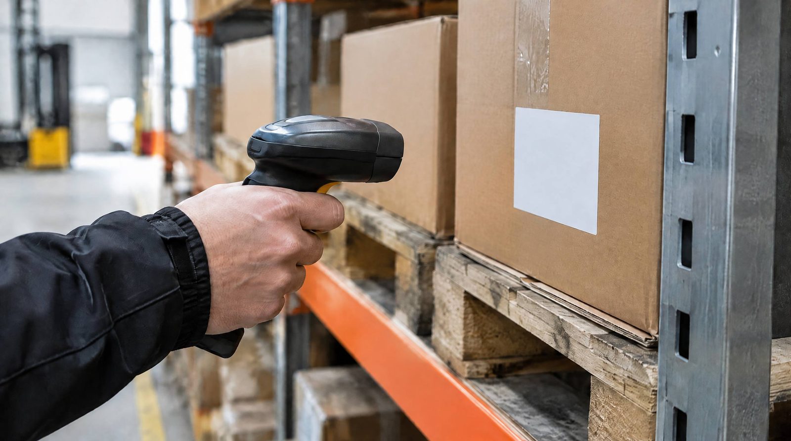 Scanner holdes op mod partinummer på en kasse