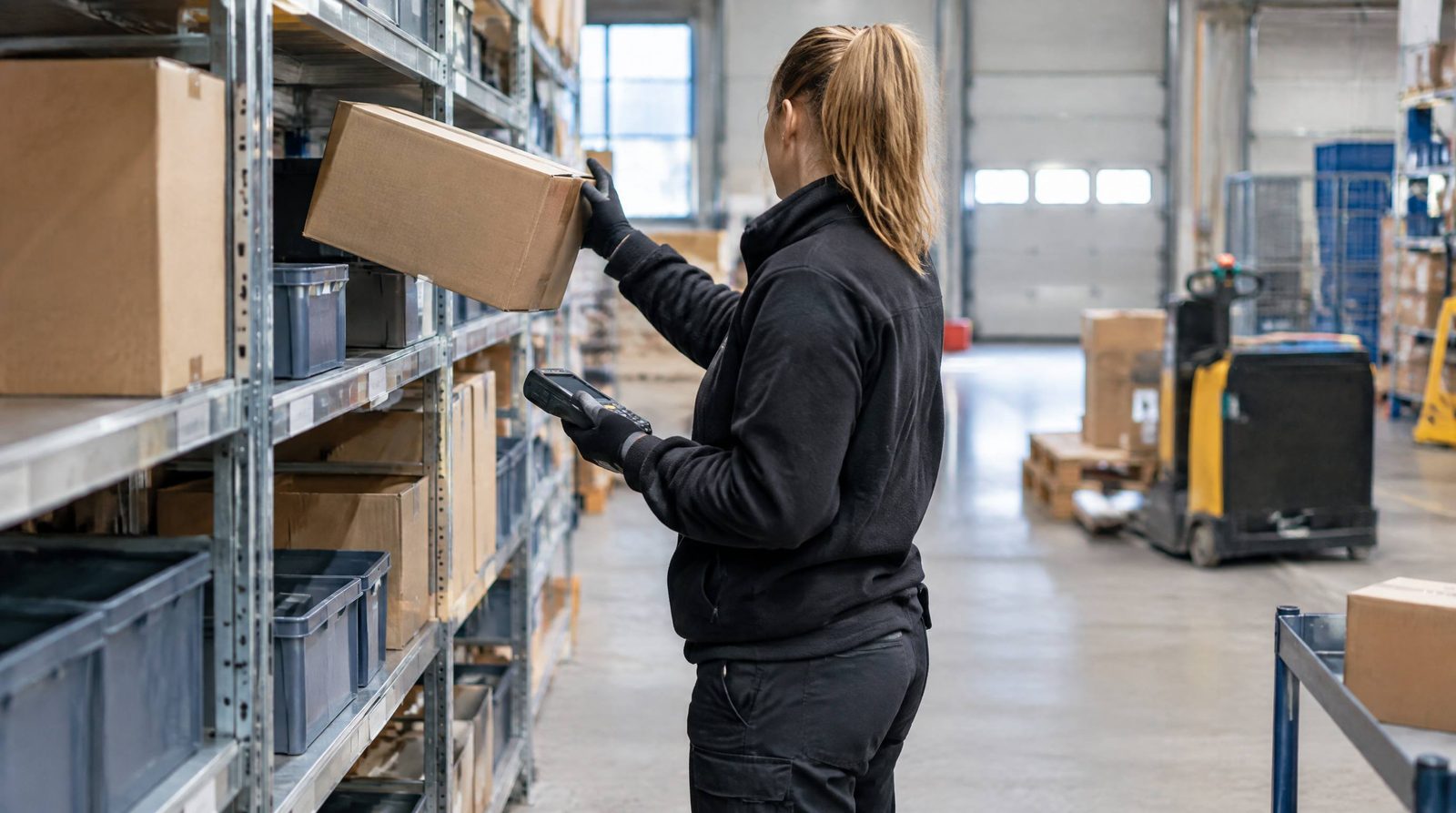 Medarbejder flytter en kasse mellem to reolpladser