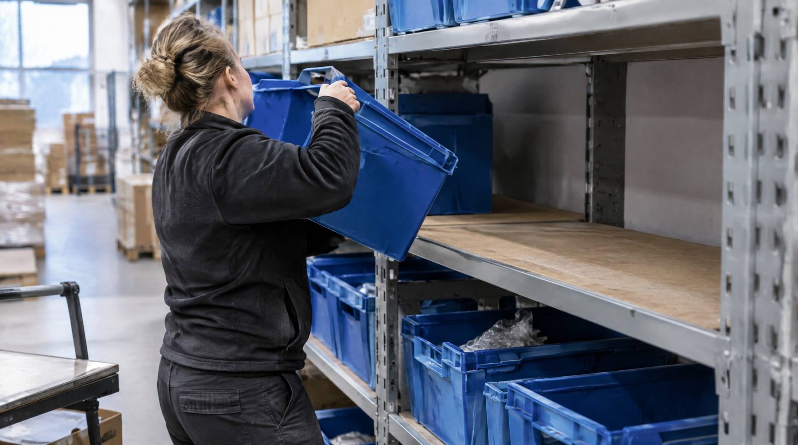 Medarbejder fylder varer fra tote op i en plukhylde
