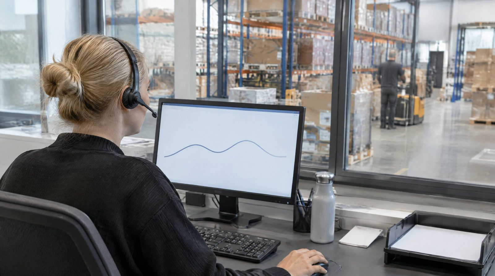 Kundeservicemedarbejder med headset foran en lagerhal