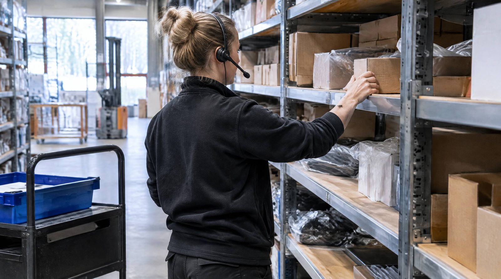 Plukker med headset tager en vare fra hylden