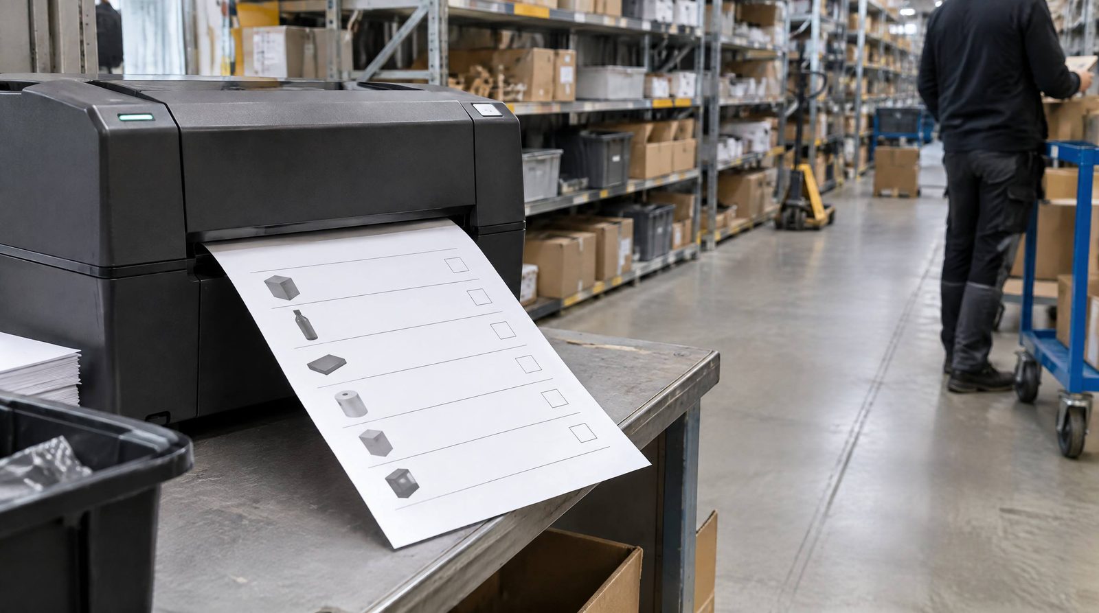 Pluksedel på vej ud af en printer på lageret