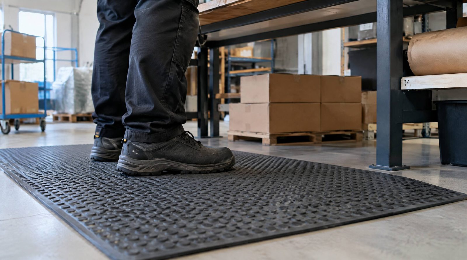 Anti-træthedsmåtte med arbejdssko foran et pakkebord
