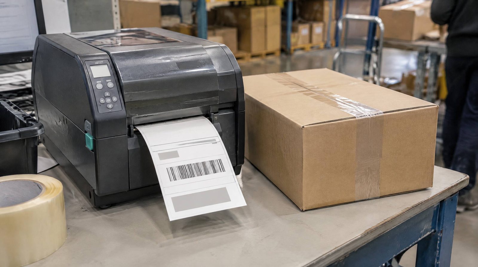 Termisk labelprinter med en fragtlabel på vej ud