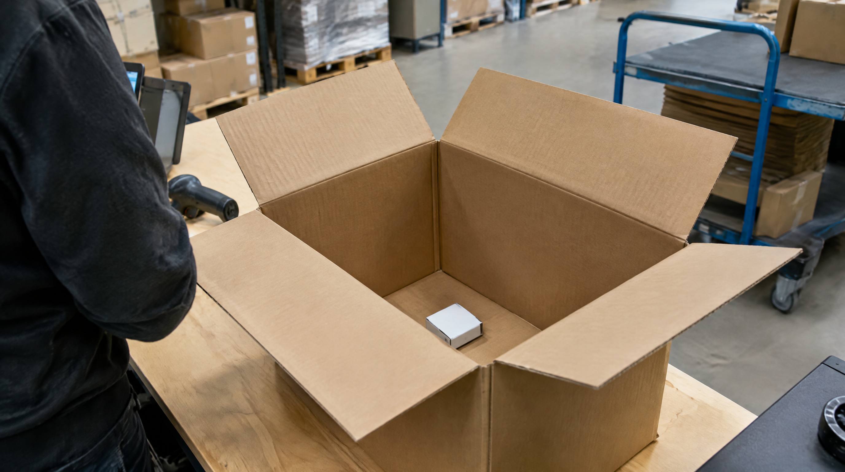 Stor kasse med én lille vare i bunden