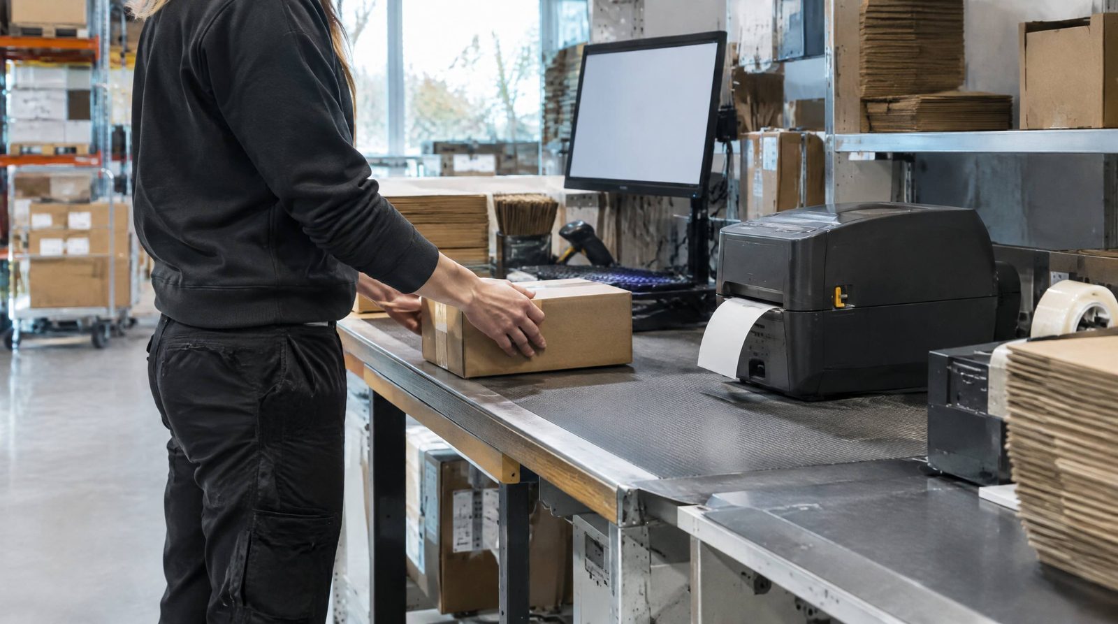 Printer placeret i armslængde ved pakkebordet