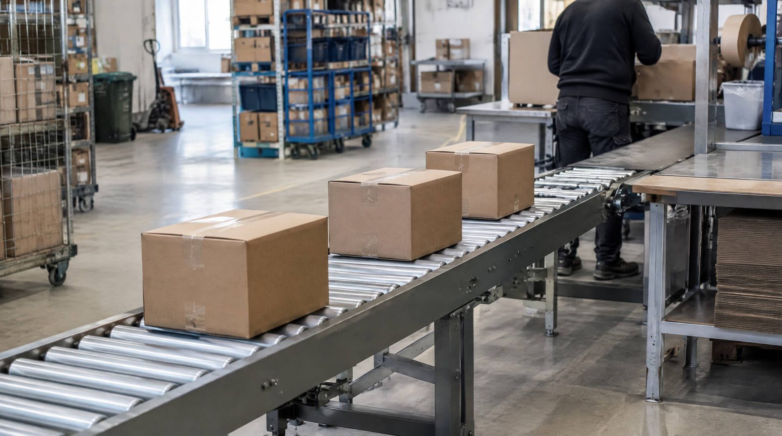 Rullebane med kasser mellem pluk og pak