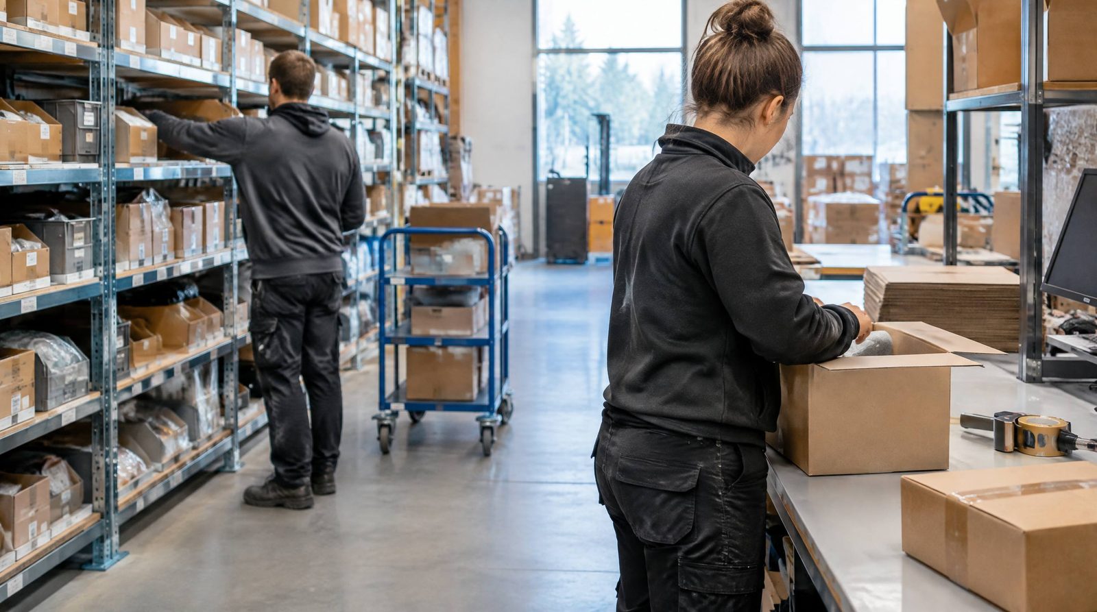 Plukker i reolgangen og pakker ved bordet