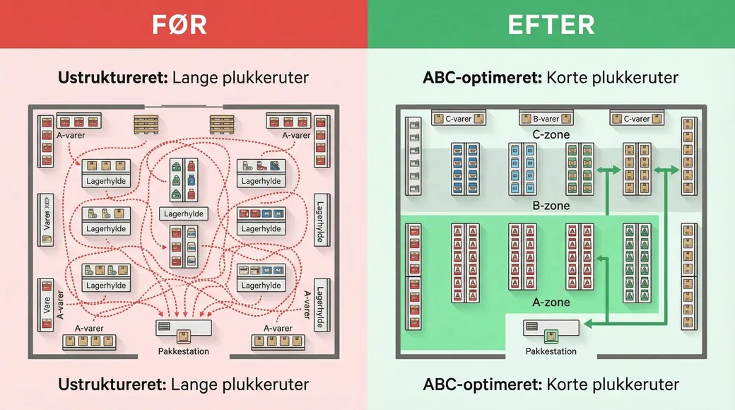 Det samme lager f&oslash;r og efter en ABC-analyse