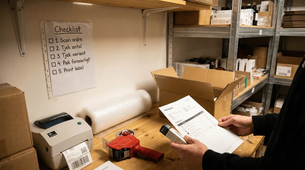 Pakkebord med tjekliste, s&aring; den sidste kontrol altid bliver lavet
