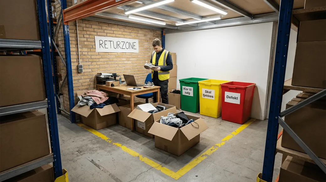 Fast returzone p&aring; lageret, hvor returvarer bliver taget imod og sorteret
